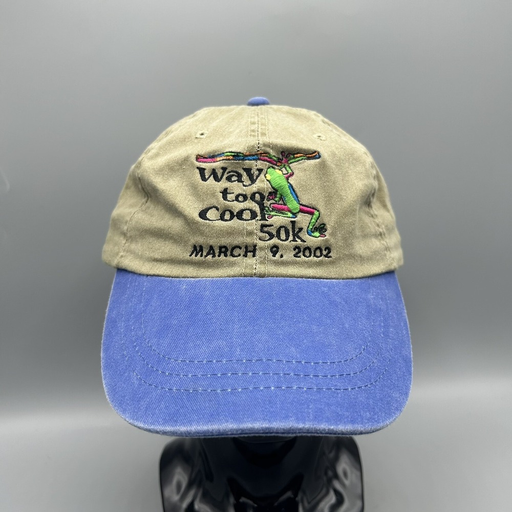 Vtg 2002 Adams Way Too Cool 50K Race Strapback Hat Frog Graphic Khaki Blue